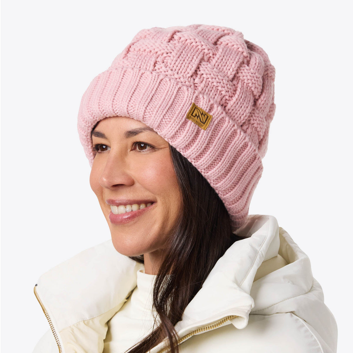 PINK VS Cable Knit Sherpa Lined Beanie Heated Cable Knit Beanie - Pink – Fieldsheer main image 4