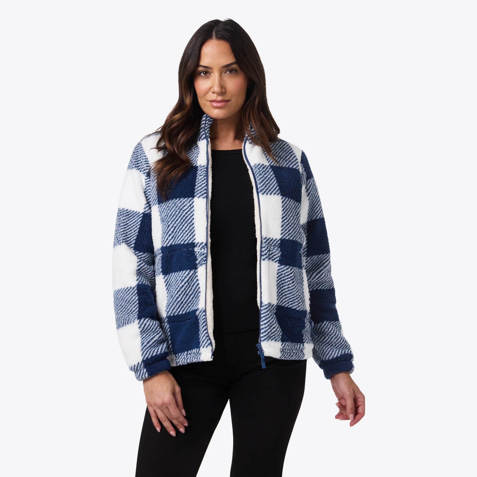 Upland High-Pile Printed Long Jacket Women's - Blue Plaid – Fieldsheer
