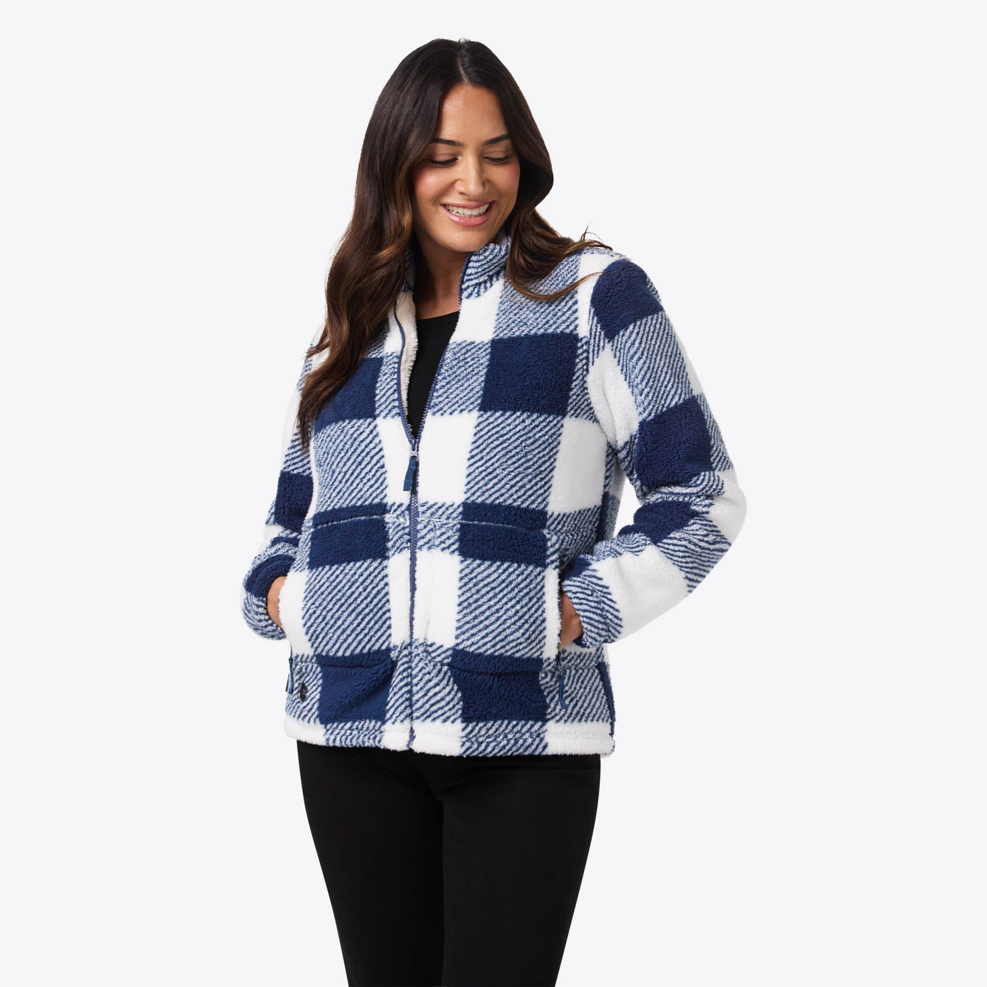 Upland High-Pile Printed Long Jacket Women's - Blue Plaid – Fieldsheer